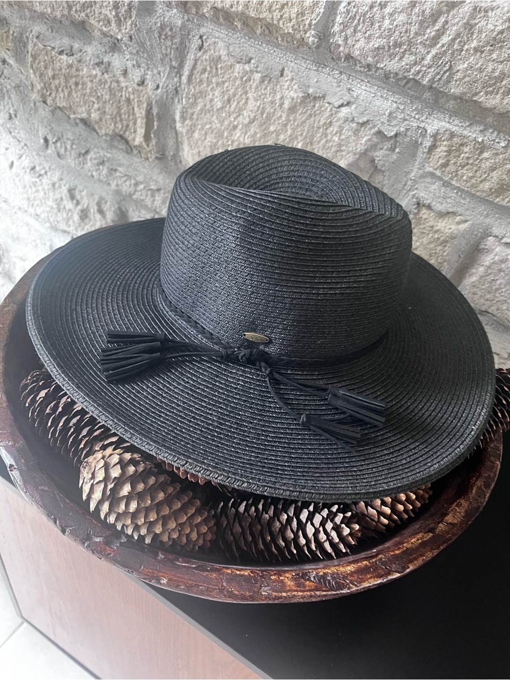C.C New Black Wide-Brim Black Paper Braid Gambler Crown Sun Hat NWOT - Picture 7 of 15
